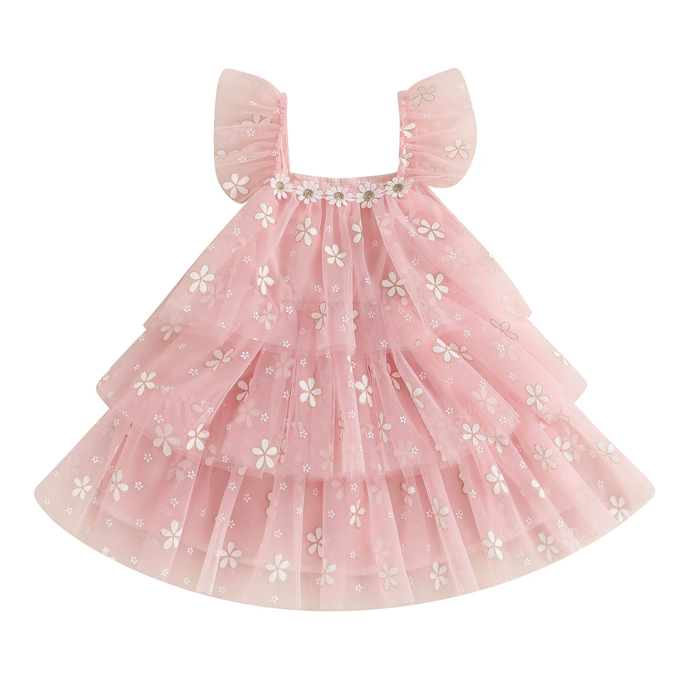 MISOWMNJOY Summer Chiffon Baby Girls Tulle Dresses Princess Daisy Print Flying Sleeve Kids A-Line Tiered Ruffle Layered Sundress