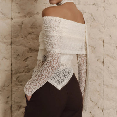 Women’s See-Through Fitted Long Sleeve Shirt Off Shoulder Lace Tops Long Sleeve Solid Color Ruched T-Shirt Blouse with Scarf
