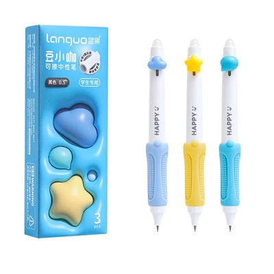 3pcs Happy Beans Gel Pens Set Ergonomical Triangle Grip Erasable Black Color Ink 0.5mm Ballpoint for Writing School A7682