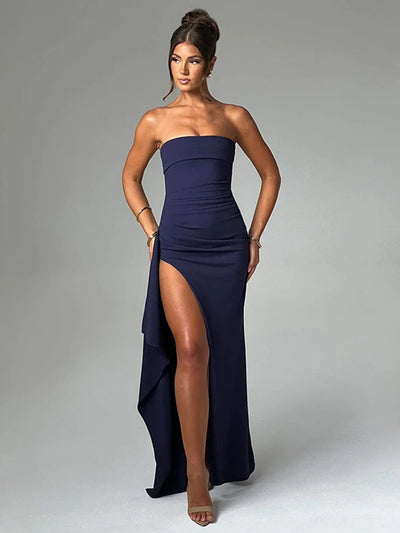 Sexy Strapless Backless High Split Maxi Dress For Women Black Off-shoulder Sleeveless Bodycon Club Party Long Dress Clothes