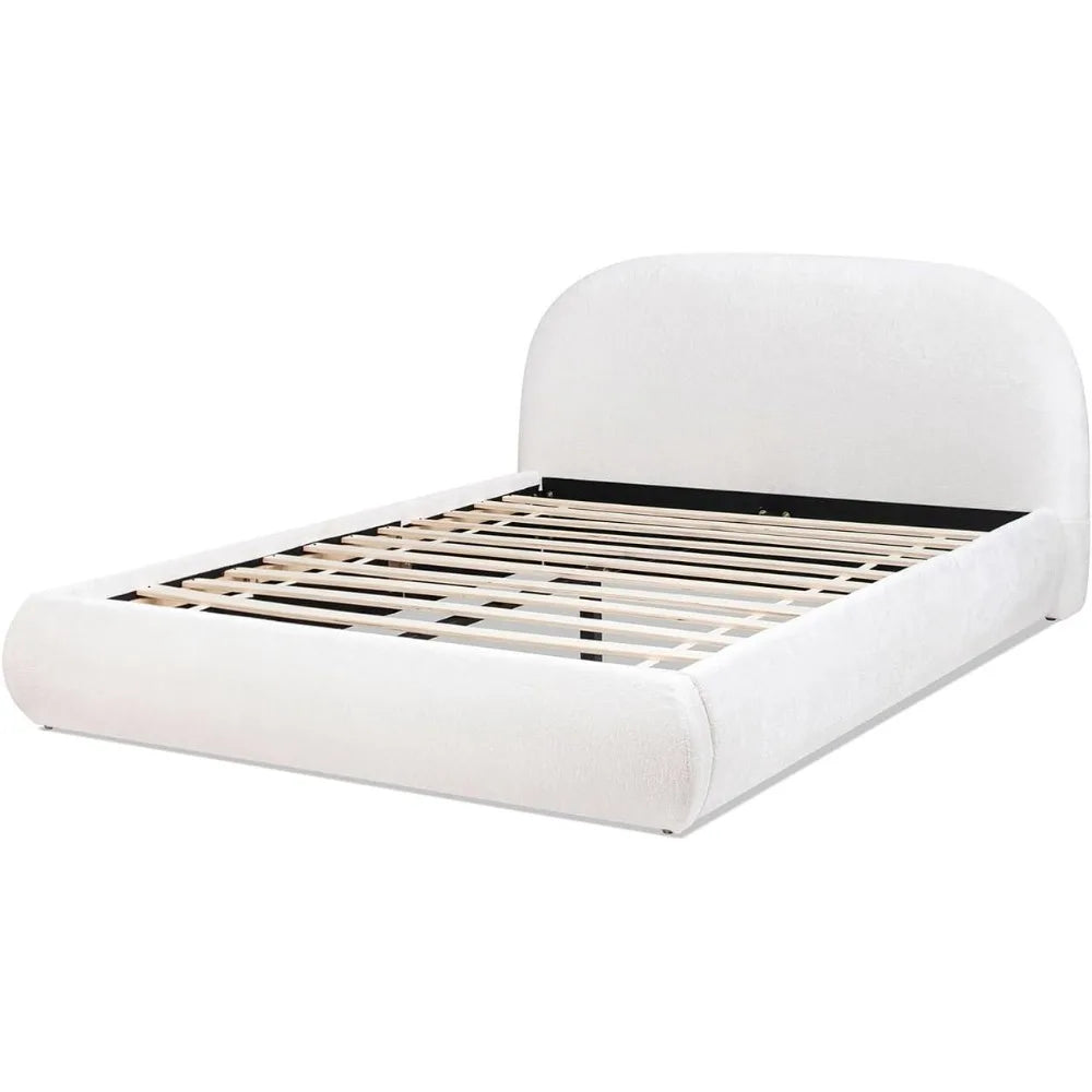 Grounded Bed Frame - Chenille White Bed Frames with Arch-Shaped Headboard and Wooden Slat Support, Upholstered Platform Bed