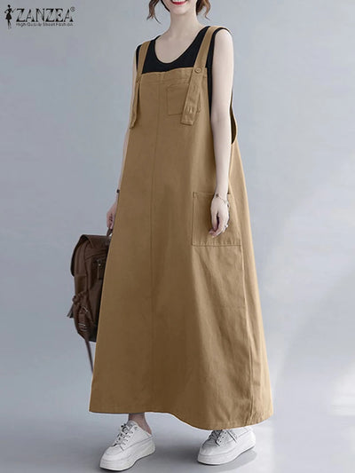 Women Sleeveless Maxi Dress Fashion Workwear Pockets Vestidos 2023 Summer Adjustable Shoulder Straps Dresses Streetwear