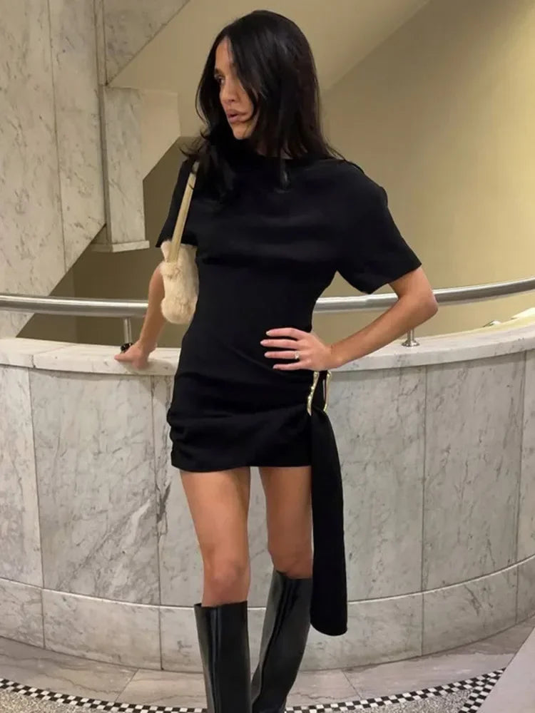 Chaxiaoa Short Sleeve Draped Sexy Mini Dress for Women Black Metal Buckle O Neck High Waist Bodycon Club Dress Vestido Clothes