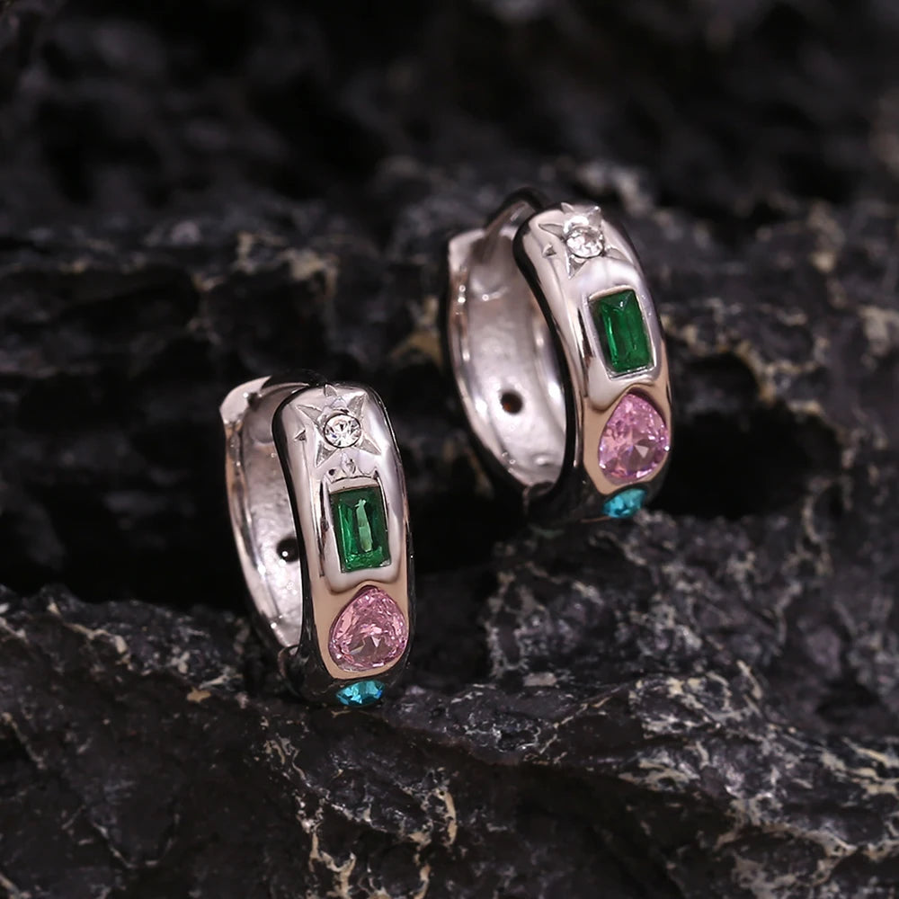 E.B.belle Colorful Zircon Hoop Earrings Tarnish Free 18K Gold Plated Earrings for Women 316L Stainless Steel Jewelry
