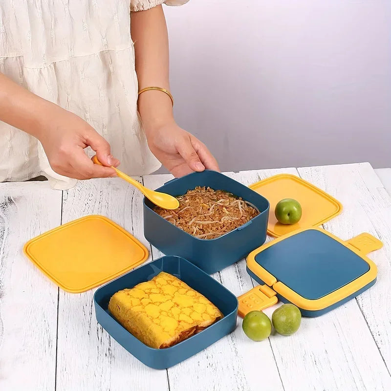 Fashion Morandi Color Portable Double Layered Lunch Box Student Lunchbox Plastic Microwave Preservation