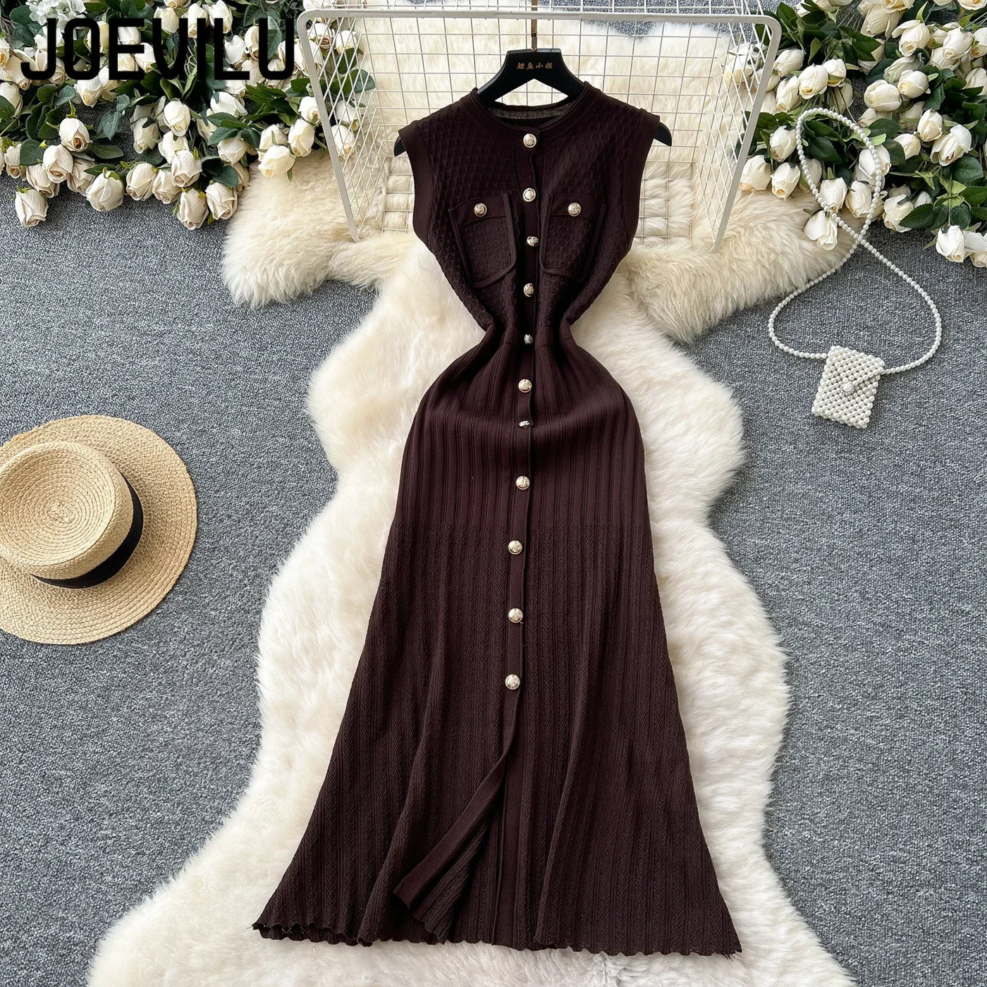 Women's Round Neck Sleeveless Dress Single-breasted Chic Elasticated Waist Slim Long Skirt   New High Quality Knitted Dress