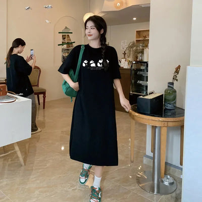 Childlike and cute four panda print short-sleeved dress for women summer and autumn new oversized loose round neck home dress