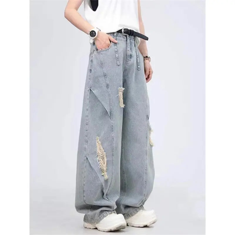 American Retro Washing Scimitar Jeans Men's High Street Vibe Ripped Design Wide-leg Trousers Handsome Casual Pants Jeans for Man