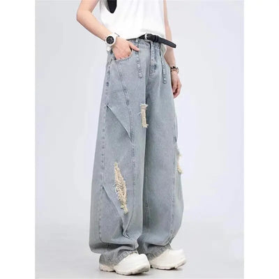 American Retro Washing Scimitar Jeans Men's High Street Vibe Ripped Design Wide-leg Trousers Handsome Casual Pants Jeans for Man