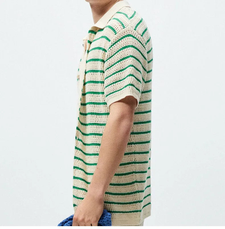Men's Sexy See-through Knit Shirt Breathable Hollow Striped Shirt Summer New Men's Thin Coat Men's Clothing Hawaiian Shirt Tops
