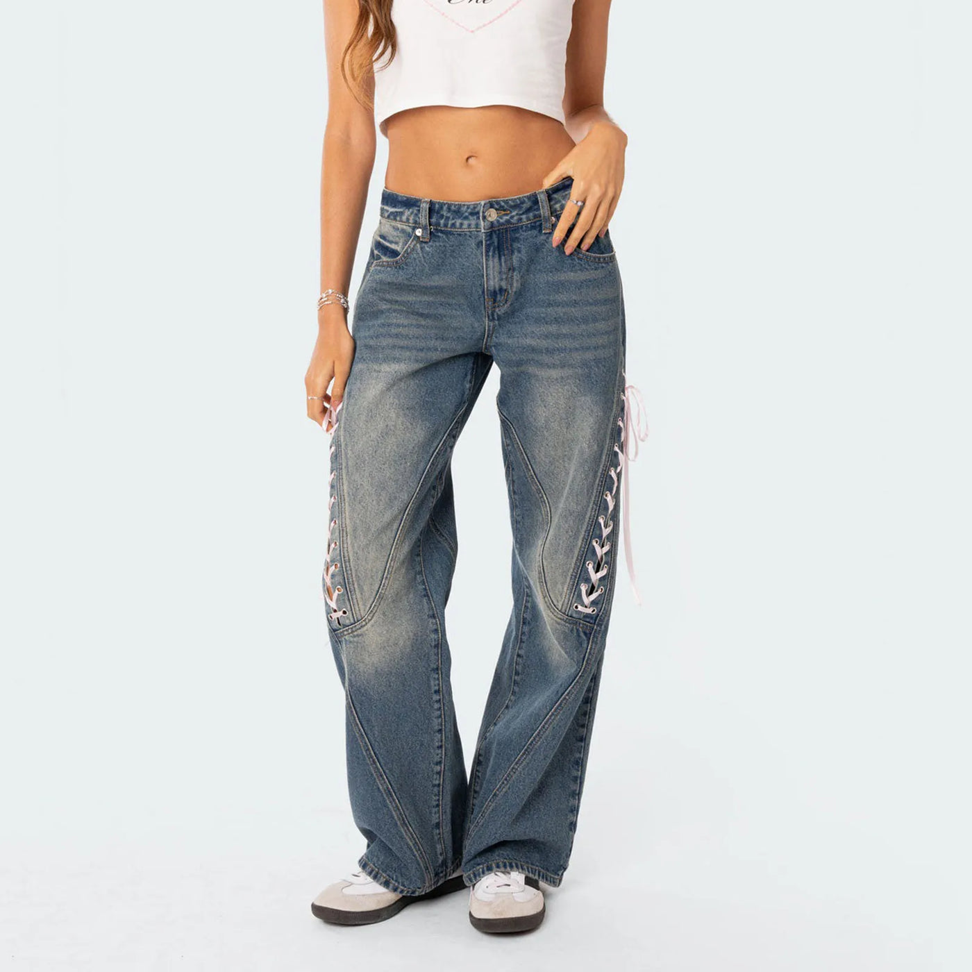 Women's Spring Summer Baggy Pants Mid Waist Loose Side Bandage Wide Leg Denim Pants