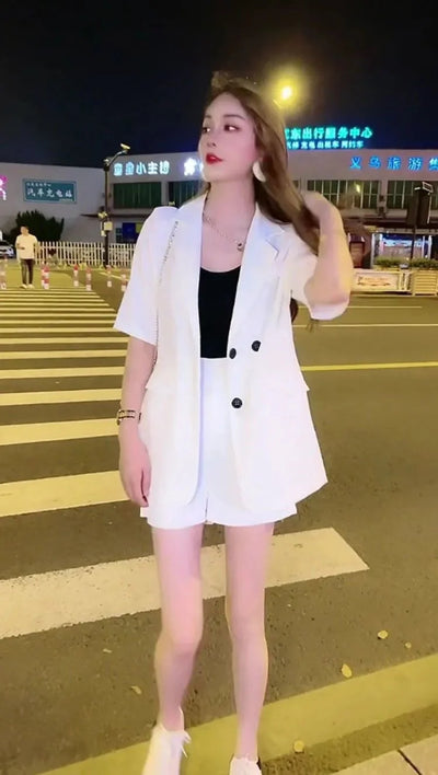 Women's 2025 New Summer High-end Fashion Outfits And Suit Collar Short Sleeve Solid Coat Pop Shorts Two Piece Set Women Clothing