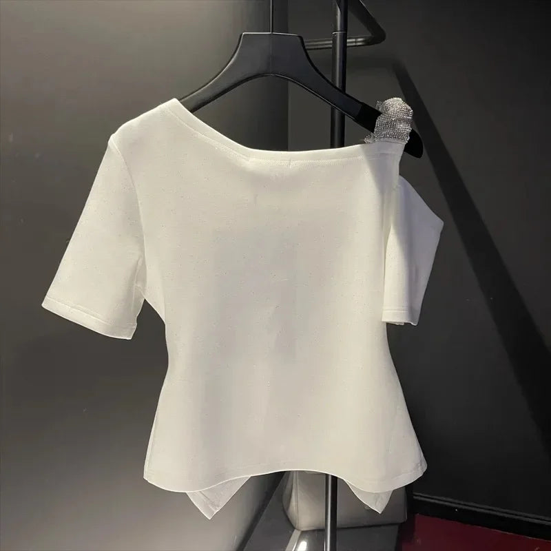 Crop Tops Tshirts for Women Solid Color Diamond Tunic Tees 2024 Ropa Mujer Slim Waist Off Shoulder Fashion Sweet Sexy T-shirt