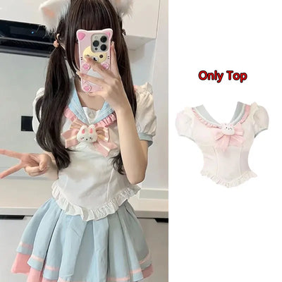 Y2k Sweet Style Skirt Set Bow Tie Peter Pan Collar Top High-Waist Puffy Skirt 2 Piece Set Summer Preppy JK Sailor Uniform Outfit