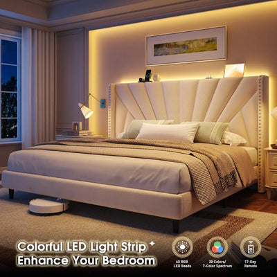 King Size Bed Frame with 51" Tall Headboard Wingback, Velvet Upholstered Platform Bed with Charging Station & LED Lights