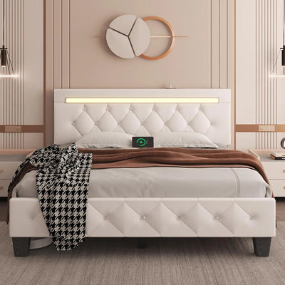 Queen Size Bed Frame with LED Light and Charging Station, Faux Leather Upholstered Platform Bed with Handcrafted Crystal Button