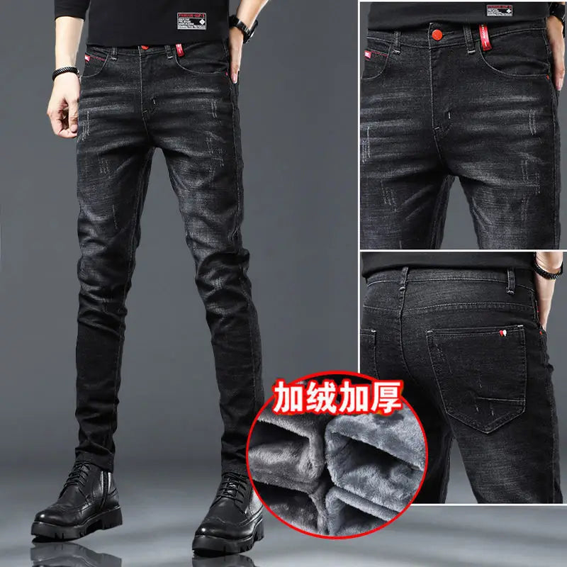 Warm Fleece Pants Winter Man Cowboy Man Thermal Fleece Lined Black Korean Fashion Slim Thicken Plush Wool Boot Cut Jeans Men