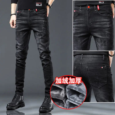 Warm Fleece Pants Winter Man Cowboy Man Thermal Fleece Lined Black Korean Fashion Slim Thicken Plush Wool Boot Cut Jeans Men