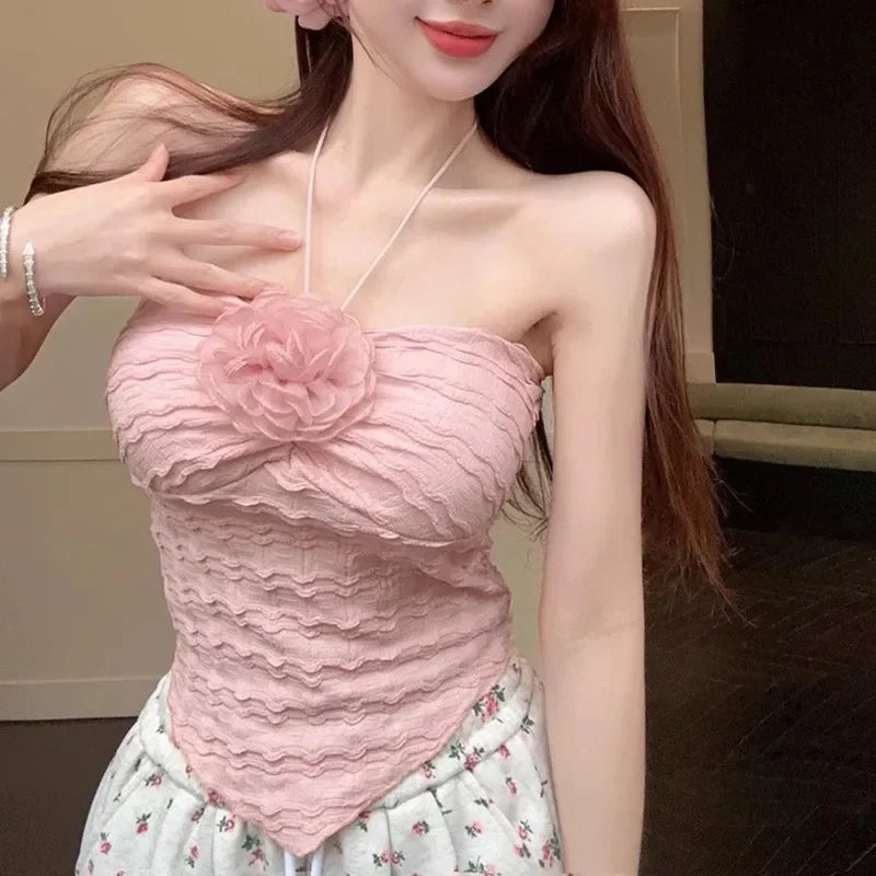 Y2K Women Fashion Sleeveless Vest Hanging Neck Irregular Lace-up Tops With Chest Female Sweet Sexy Vacation Style Top