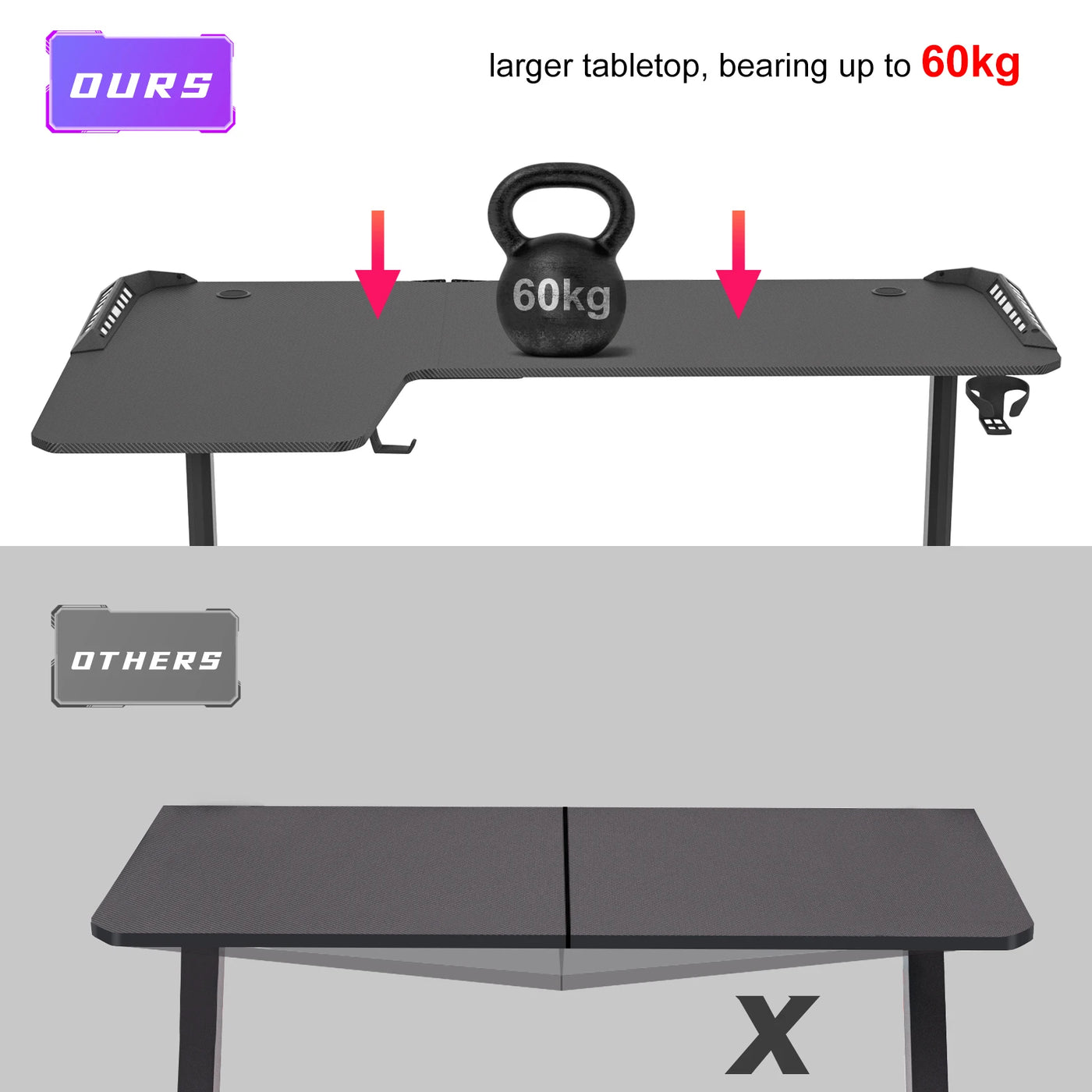 L Shape Corner Desk Game Table with 6 Colors RGB Light Headphone Hook and Cup Holder