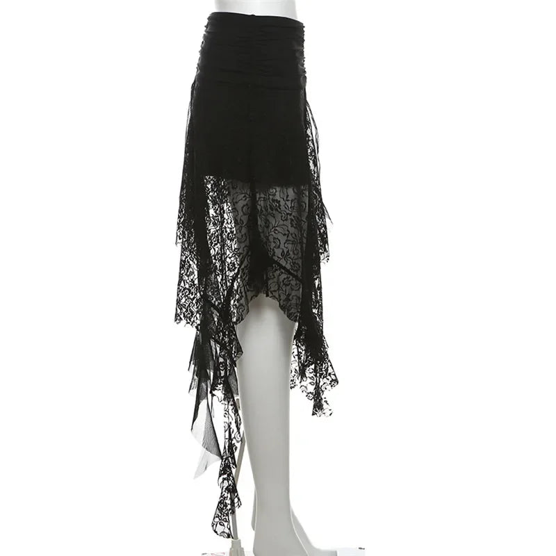 Y2K Goth Dark Irregular Hem Lace Patchwork Mid Skirts Women Streetwear Fairy Slim Pleat A-line Skirt Mall Goth Fashion Bottoms
