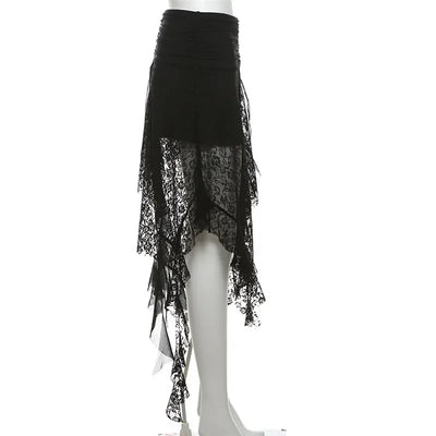 Y2K Goth Dark Irregular Hem Lace Patchwork Mid Skirts Women Streetwear Fairy Slim Pleat A-line Skirt Mall Goth Fashion Bottoms