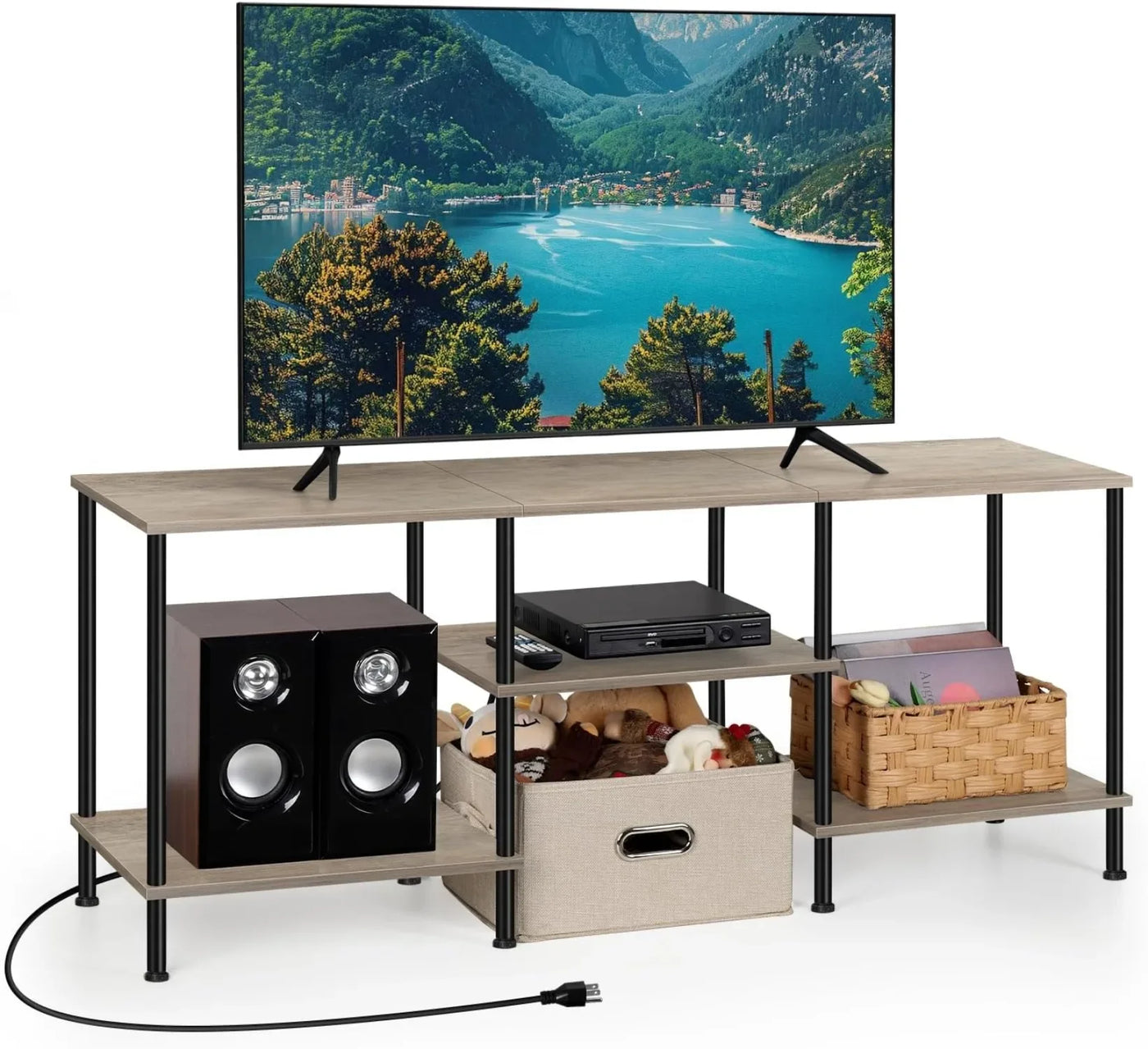 Farmhouse 50" TV Stand with Built-in Outlets & 3-Tier Storage - Multi-Room Media Console for 50/43/40/32" TVs, Rustic Grey