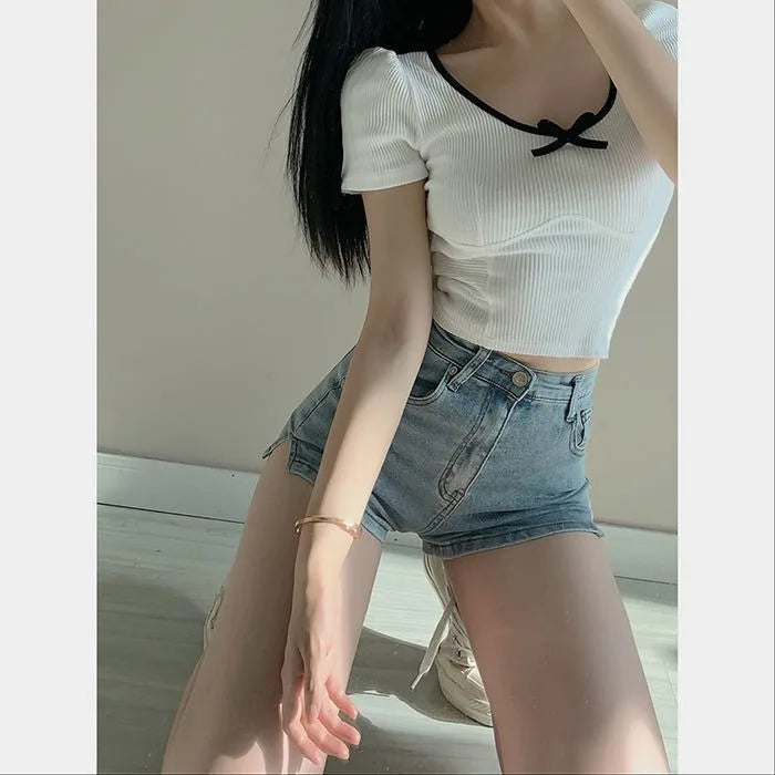 Women's Light Blue Open Denim Shorts Spice Girls Summer New High Waist Slim Skinny Elasticated Peplum Hot Pants Trendy Shorts