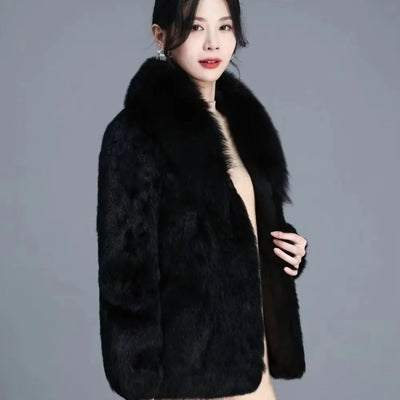 Real Rabbit Fur Coat Women Autumn Winter Short Jacket Thick Warm New Fashion Fox Fur Collar Elegant Female Warm Outerwear