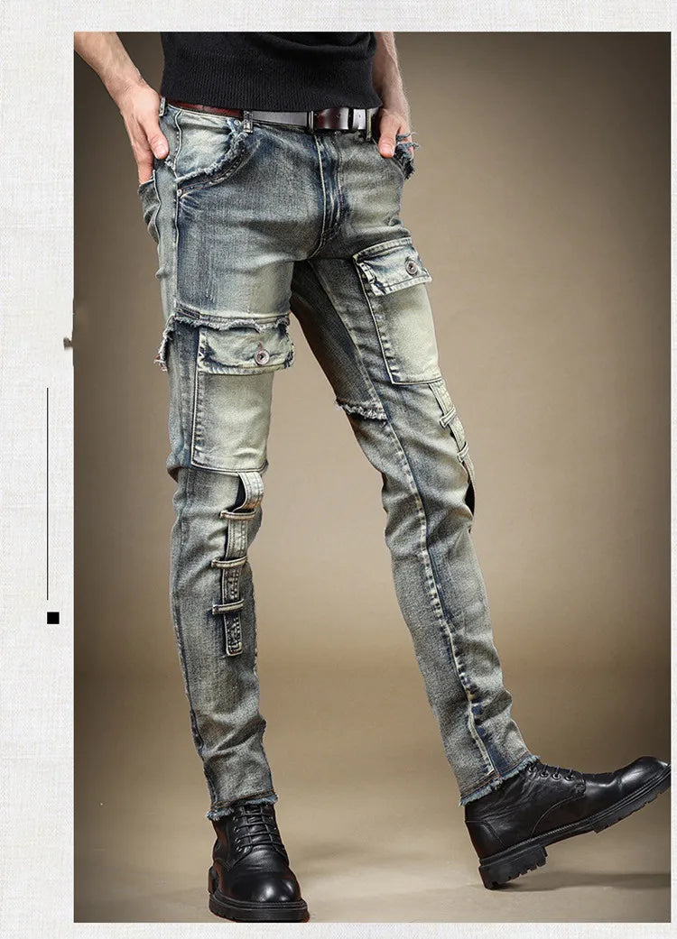2024 Men's Jeans Stretch Vintage Washing Drak Blue Denim Pants Autumn Summer Luxury Street  Hip-Hop Style Slim Fit Men Trousers