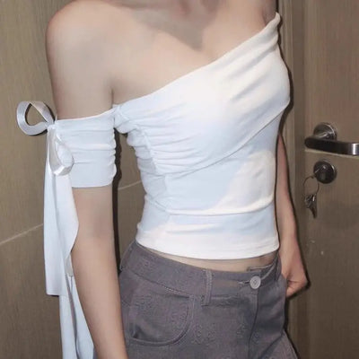 2025 New Sexy Off Shoulder Tops Women Ruffle Sleeve Asymmetric Slim Fit Short Sleeve T-Shirt Y2K Summer Fashion Elegant Clothes