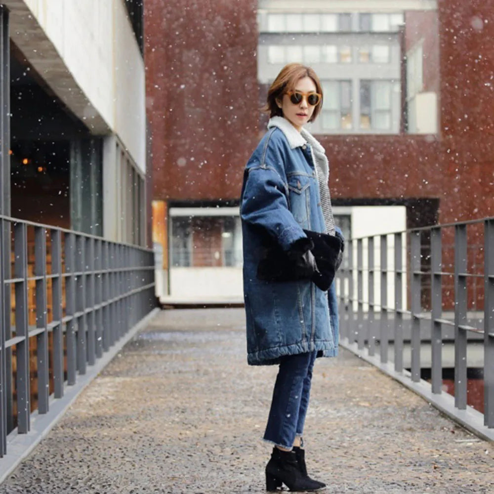 2024 Female jacket Women Warm Thick Winter Long Sleeve Denim Jacket Long Jean Coat Outerwear Women jacket Overcoat