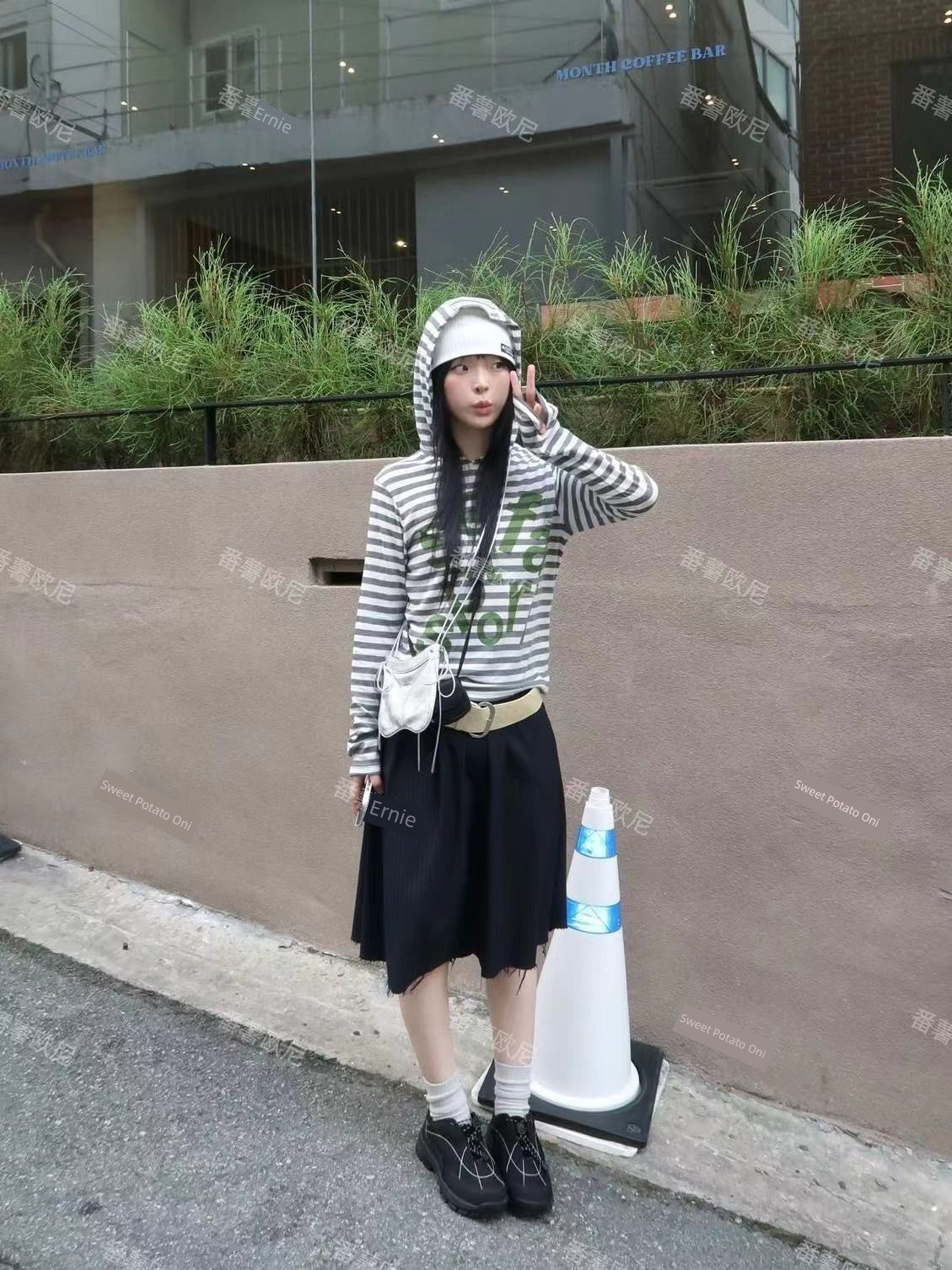 Sweet Potato Oni Homemade 2024 Spring Niche Style Safari Stripes Hooded Letter-Print Y2g Loose Long Sleeves