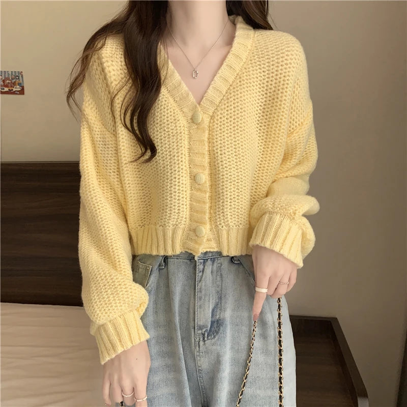 EVNISI Women Slim Sweater Cardigan V-Neck Button Up Casual Solid Knitting Sweater Coat Sweet For Women Cardigan Coat Autumn 2023