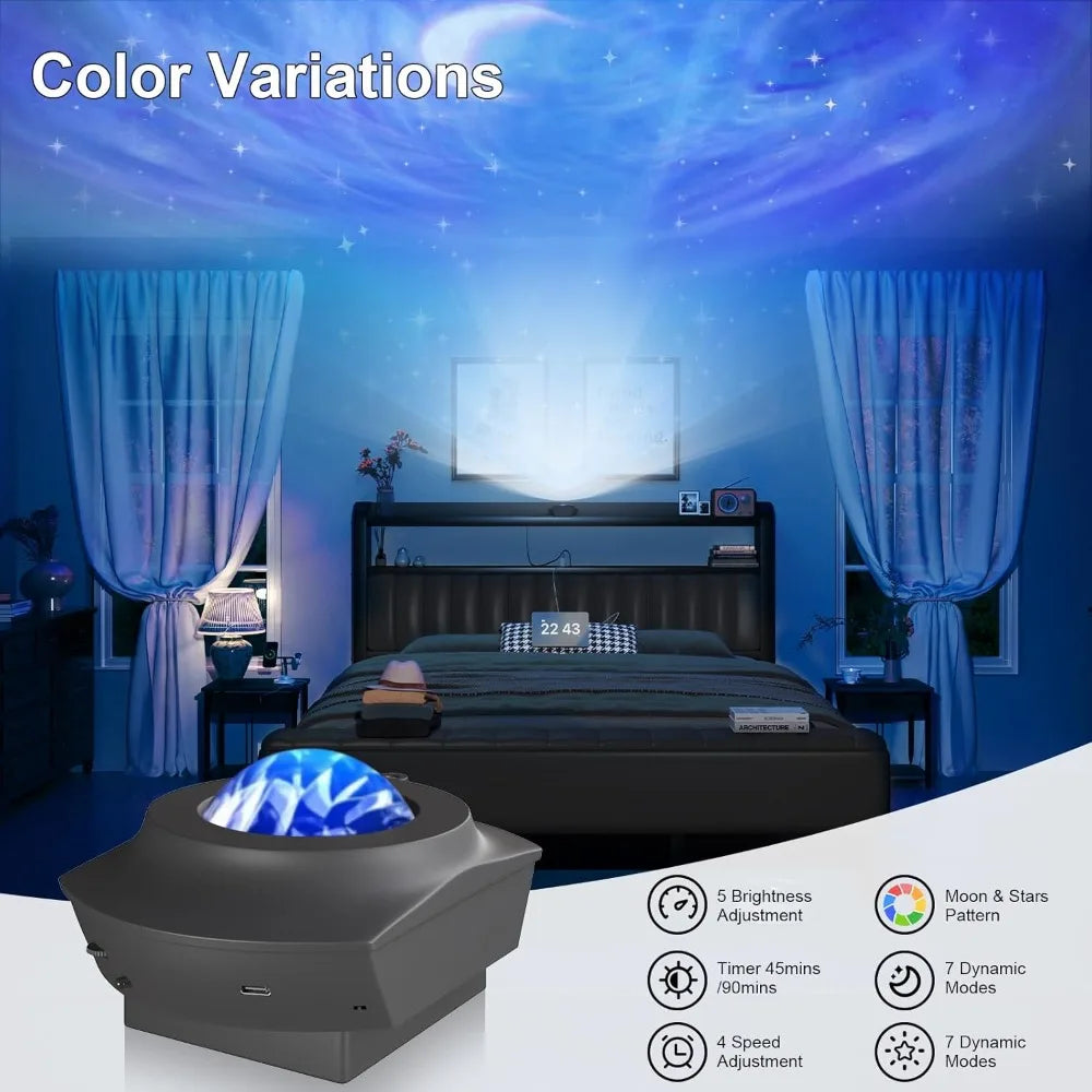 King Size Bed Frame with Star Projector & Charging Station, Metal Upholstered Bed frame with Headboard, Heavy Duty Beds