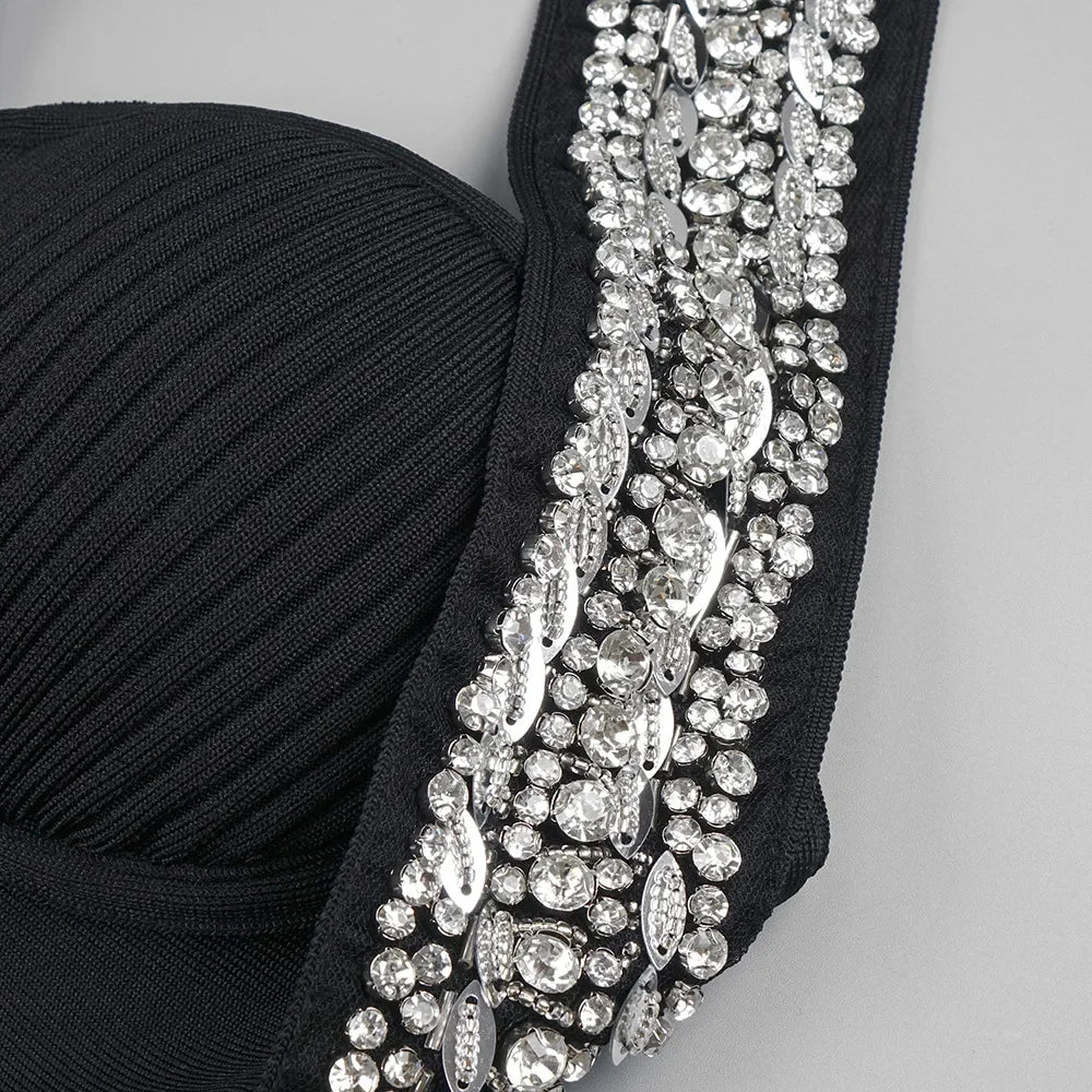 Black Rose Knitted Bandage Dress Women Summer Fashion Diamonds Halter Single Breasted A Line Mini Dress Celebrity Evening Party