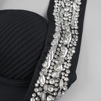 Black Rose Knitted Bandage Dress Women Summer Fashion Diamonds Halter Single Breasted A Line Mini Dress Celebrity Evening Party