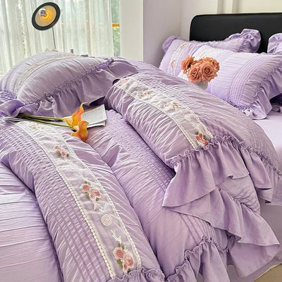 2025 Korean Princess Style Lace Ruffles Wedding Bedding Set Washed Cotton Soft Duvet Cover Set Bed Sheet Pillowcase 3/4Pcs