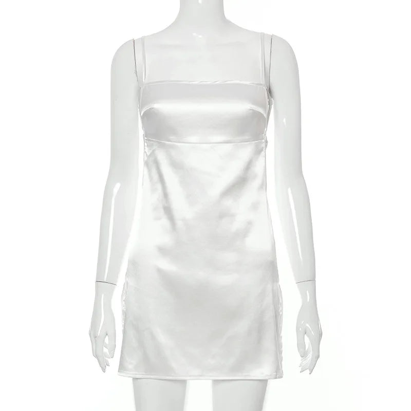 New Summer Sexy Backless Bodycon Satin Mini Dress Women Sleeveless Streetwear Strap Dress Party Club Elegant Y2k Clothes Dresses