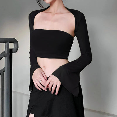 Xingqing 2 Piece Outfit Women Tube Top with Shrug Off Shoulder Sleeveless Vest and Flared Cardigan Shrug y2k Clothes Streetwear
