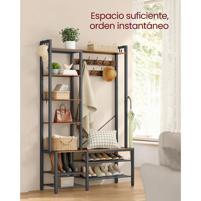 Hall Tree with Bench, Shoe Storage, Coat Rack, 5 Shelves, 9 Coat Hooks, 6 Side Hooks, 140 x 120 x 190 cm