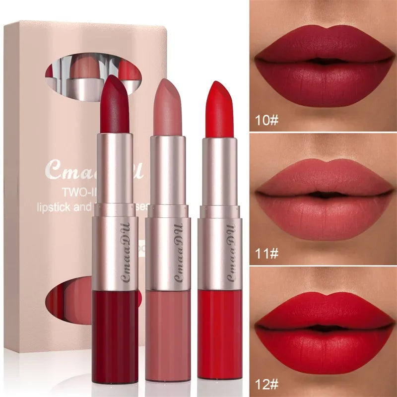 2 In 1 Double-ended Lipstick Lip Liner Pen Matte Pigment Non-stick Cup Skin Color 24H Lasting Waterproof Makeup Beauty Cosmetics