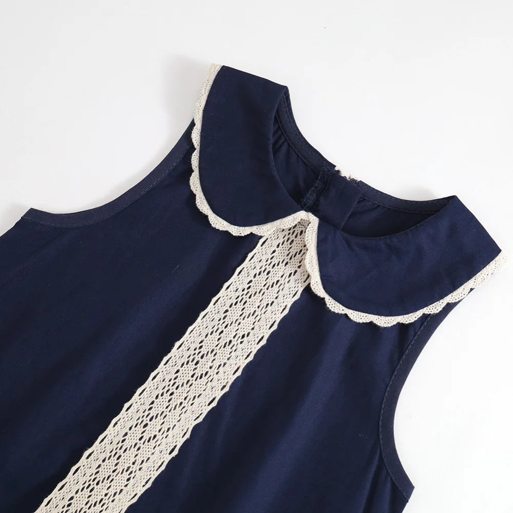 2025 Summer Toddler Girl Dress Cotton Turn Down Collar Kid Baby Girl Sling Dress Retro Loose Lace Patchwork Little Girl Sundress