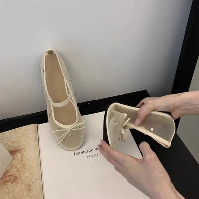 Fashion Women's Shoes 2025 Design Rhinestone Mesh Breathable Shallow Mouth Single Shoes Flat Ballet Elegant Bow Zapatos Mujer
