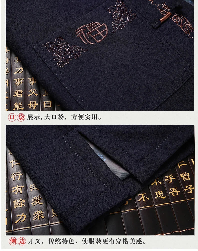 Tang Suit (top + Pants) Spring and Autumn Elderly People Door Flaperon Embroidery Father Men's Hanfu Chinese Style Suit