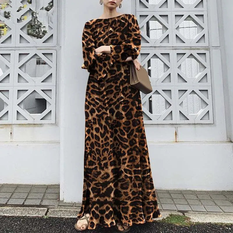 2025 Fashion Leopard Printing Maxi Dress Women's Spring Sundress Elegant Casual Long Sleeve Vintage Long Dresses Vestidos Female