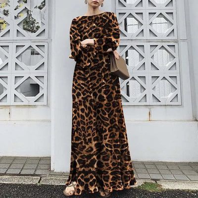 2025 Fashion Leopard Printing Maxi Dress Women's Spring Sundress Elegant Casual Long Sleeve Vintage Long Dresses Vestidos Female