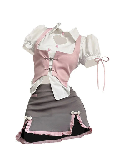 2024 Summer Women Japanese Fashion Gyaru Girl Design Outfits 3 Piece Set Short Sleeve Top Kawaii Vest Mini Skirt 2000s Aesthetic
