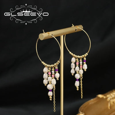 925 Sterling Silver Colorful Tassel Fresh Water Pearl Hoop Earrings Original Design Handmade Womans Luxe Jewelry GE0904