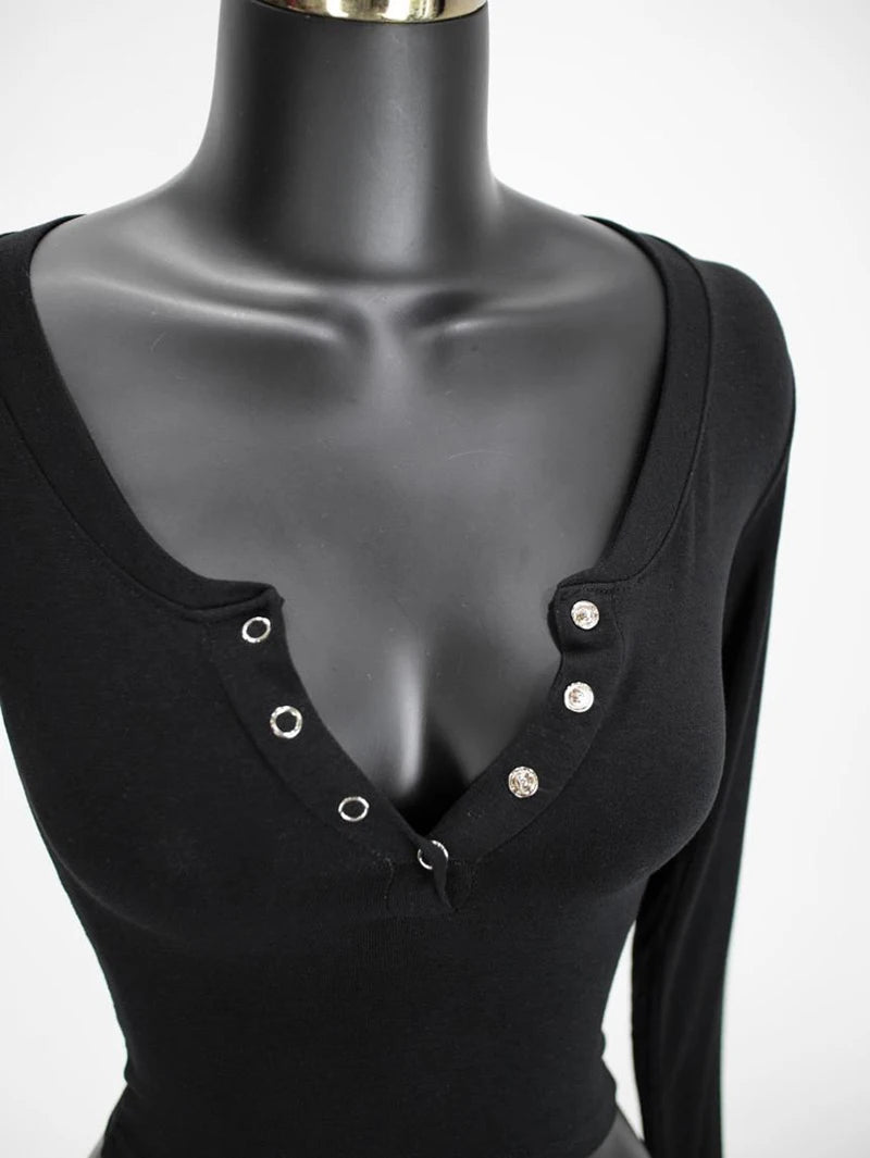 Button V-Neck Sexy Crop Top female long Sleeve Sashion Solid Color lady Tees Comfy Summer Basic Chic Thin T shirt See Through